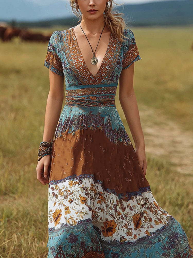 Cardydony Bohemian Style Retro Floral Pattern Women's V-neck Dress