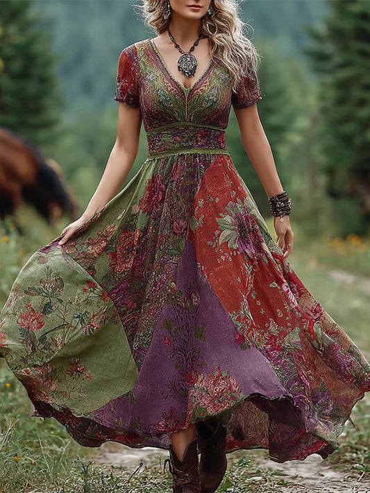 Cardydony Bohemian Style Retro Floral Pattern Women's V-neck Dress
