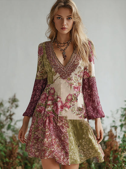 Cardydony Bohemian Style Retro Floral Pattern Women's V-neck Dress