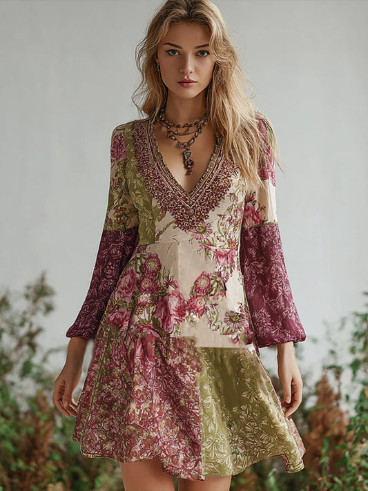 Cardydony Bohemian Style Retro Floral Pattern Women's V-neck Dress