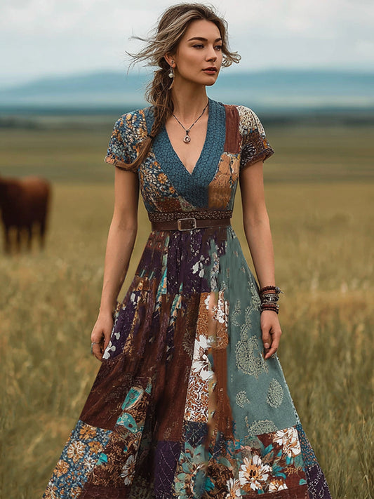 Cardydony Bohemian Style Retro Floral Pattern Women's V-neck Dress