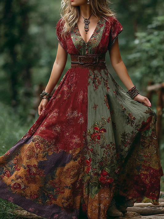 Cardydony Bohemian Style Retro Floral Pattern Women's V-neck Dress