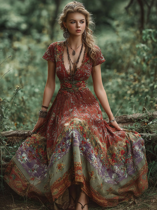 Cardydony Bohemian Style Retro Floral Pattern Women's V-neck Dress