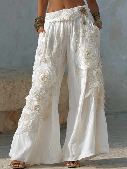 Cardydony Bohemian Style White Rose Embossed Embroidery Women's Cotton And Linen Long Pants