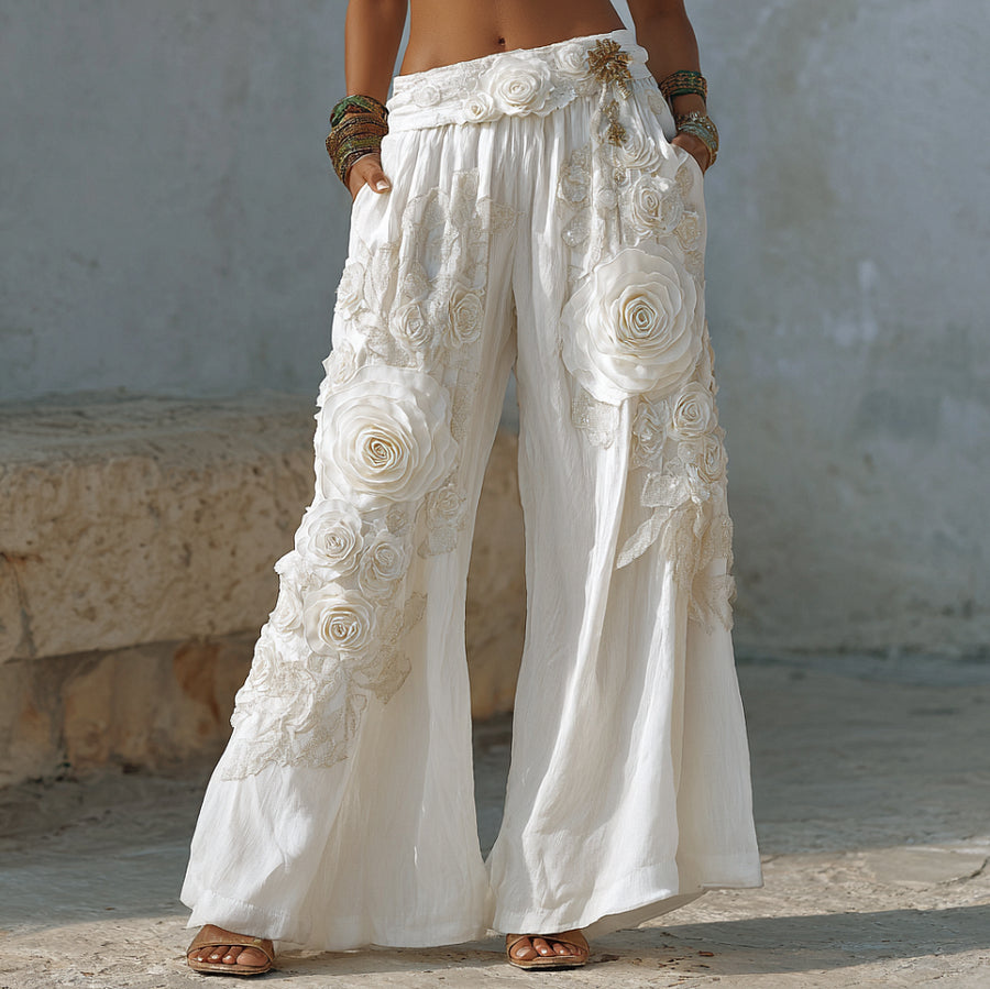 Cardydony Bohemian Style White Rose Embossed Embroidery Women's Cotton And Linen Long Pants
