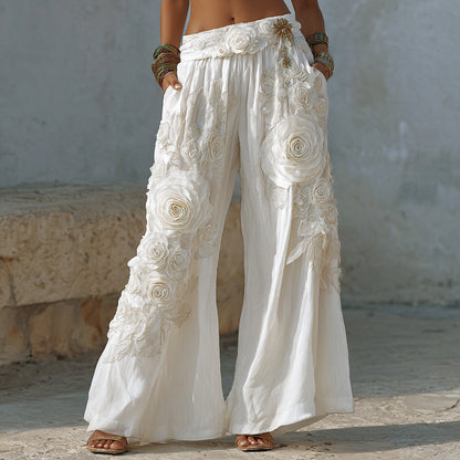 Cardydony Bohemian Style White Rose Embossed Embroidery Women's Cotton And Linen Long Pants