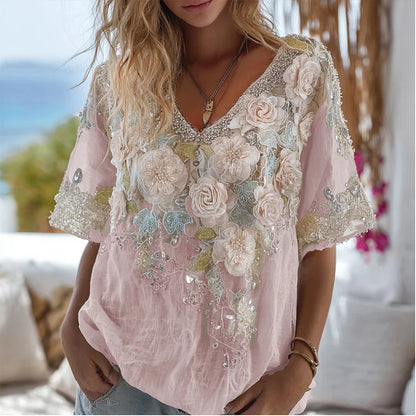 Cardydony Bohemian White Rose Rhinestone V-neck Loose Retro Short-sleeve T-shirt