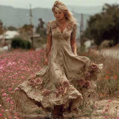 Cardydony Boho Dusty Rose Embroidered Vintage Women's Linen Short Sleeve Maxi Dress