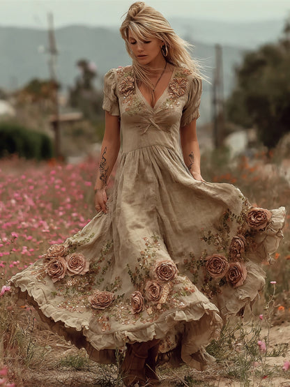 Cardydony Boho Dusty Rose Embroidered Vintage Women's Linen Short Sleeve Maxi Dress