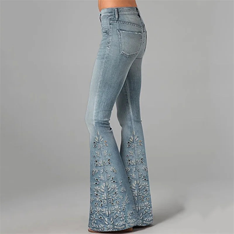 Cardydony Boho Floral Hollow Embroidered Washed Flare Jeans