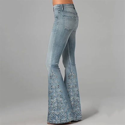 Cardydony Boho Floral Hollow Embroidered Washed Flare Jeans
