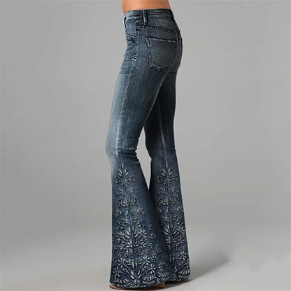 Cardydony Boho Floral Hollow Embroidered Washed Flare Jeans