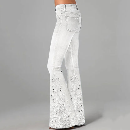 Cardydony Boho Floral Hollow Embroidered Washed Flare Jeans
