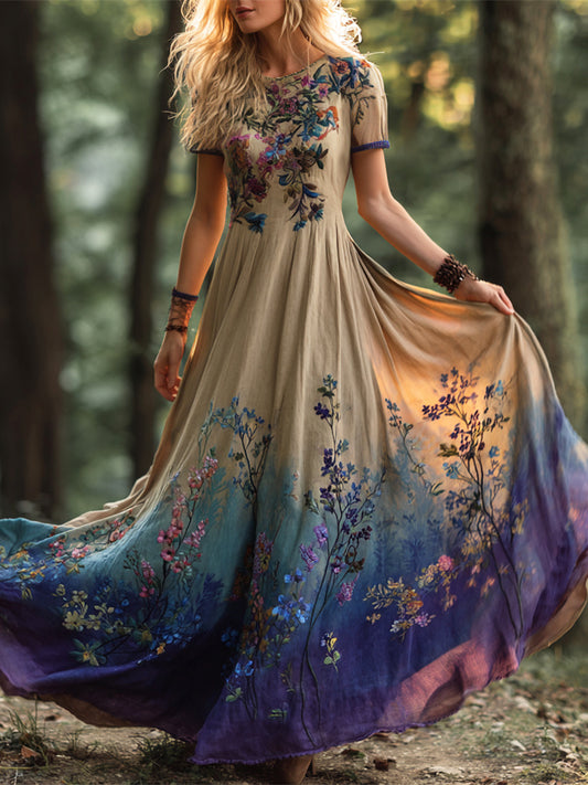 Cardydony Boho Vintage Ethnic Floral Art Women's Linen Short Sleeve Flowy Maxi Dress