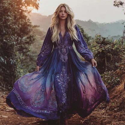 Cardydony Boho Vintage Ethnic Floral Art Women's Linen V-neck Flowy Maxi Dress