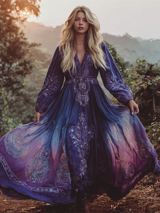 Cardydony Boho Vintage Ethnic Floral Art Women's Linen V-neck Flowy Maxi Dress