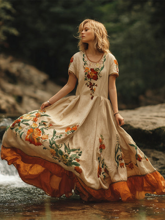 Cardydony Boho Vintage Floral Art Women's Linen Short Sleeve Flowy Maxi Dress