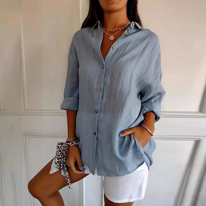 Cardydony Casual Single Breasted Pleated Lapel Solid Color Cotton Linen Shirt