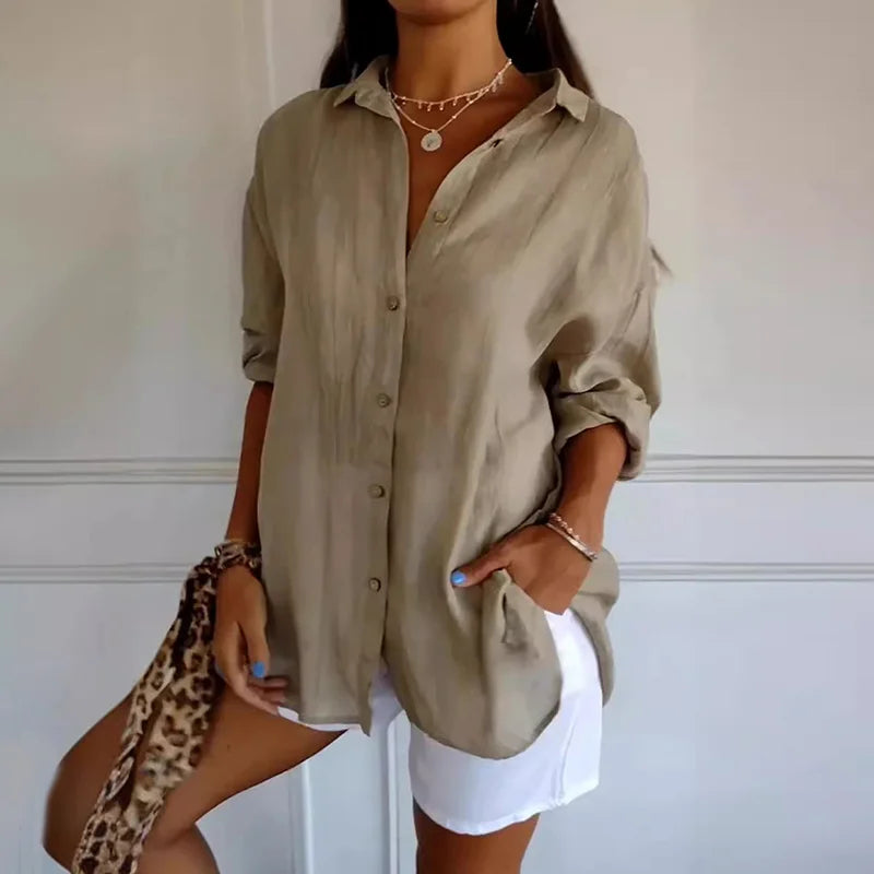 Cardydony Casual Single Breasted Pleated Lapel Solid Color Cotton Linen Shirt