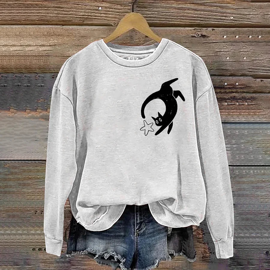 Cardydony Cat Chasing Stars Pattern Women's Casual Sweatshirt