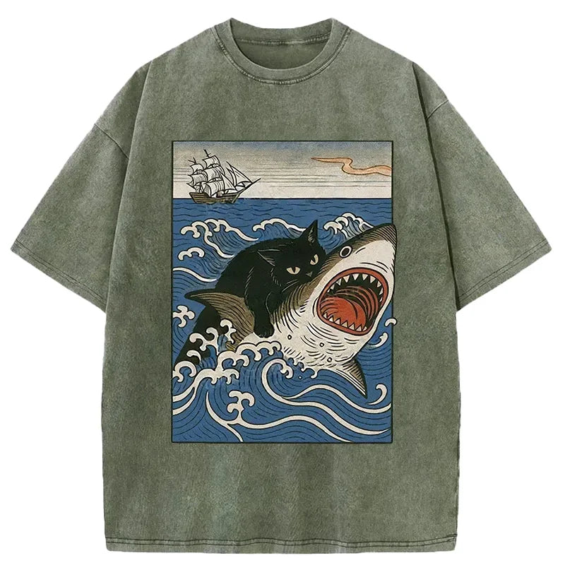Cardydony Cat Hunting Shark Washed T-shirt