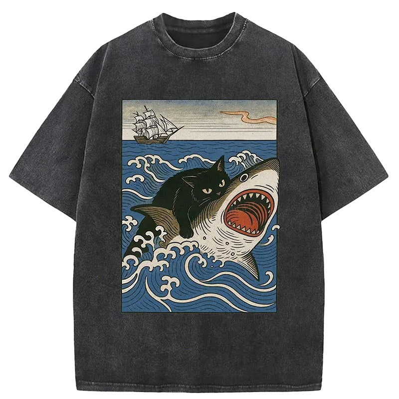 Cardydony Cat Hunting Shark Washed T-shirt