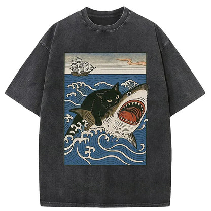 Cardydony Cat Hunting Shark Washed T-shirt