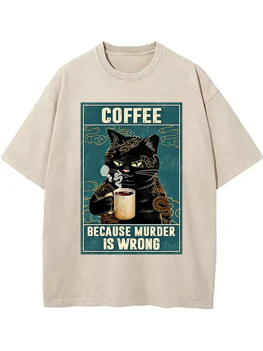 Cardydony Cat Tattoo Coffee Because Murder Is Wrong Washed T-shirt