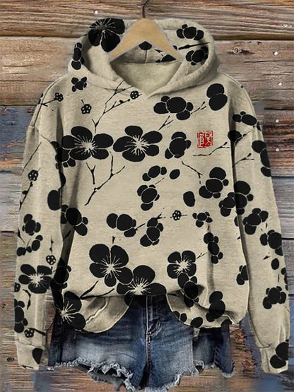 Cardydony Cherry Blossom Japanese Lino Art Vintage Hoodie