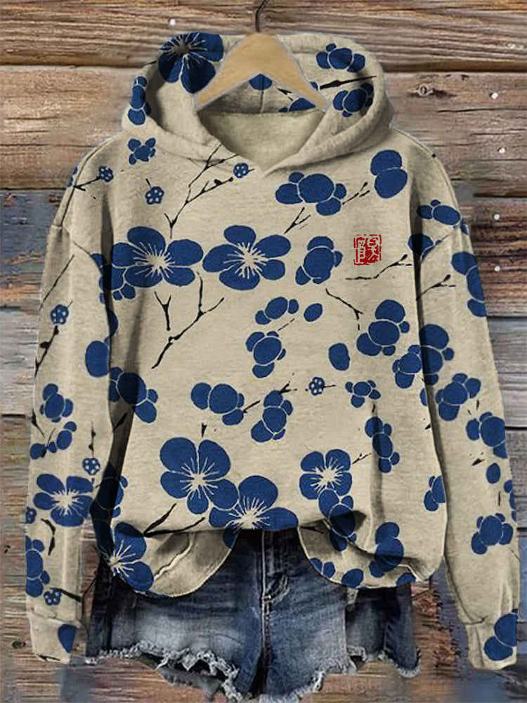 Cardydony Cherry Blossom Japanese Lino Art Vintage Hoodie