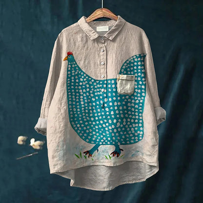 Cardydony Chicken Art Print Casual Cotton And Linen Shirt