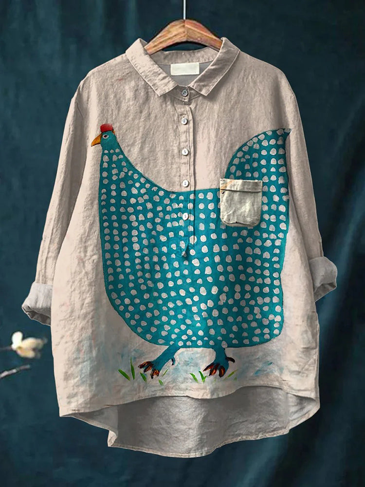 Cardydony Chicken Art Print Casual Cotton And Linen Shirt