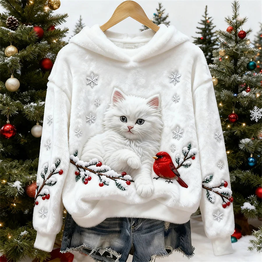 Cardydony Christmas Cat & Bird Women's Flannel Hooded Sweatshirt