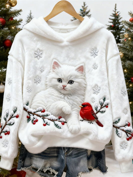 Cardydony Christmas Cat & Bird Women's Flannel Hooded Sweatshirt