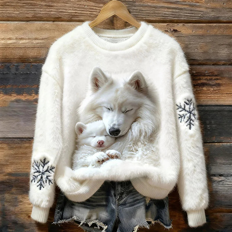 Cardydony Christmas Snowflake And Sleeping Wolf Pattern Plush Thermal Sweater
