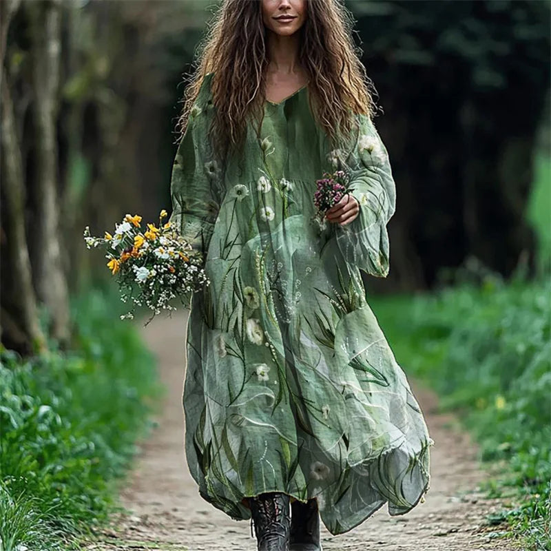 Cardydony Classy Elf Floral Linen Blend Flowy Maxi Dress