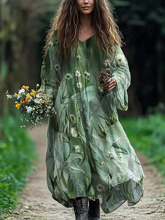 Cardydony Classy Elf Floral Linen Blend Flowy Maxi Dress