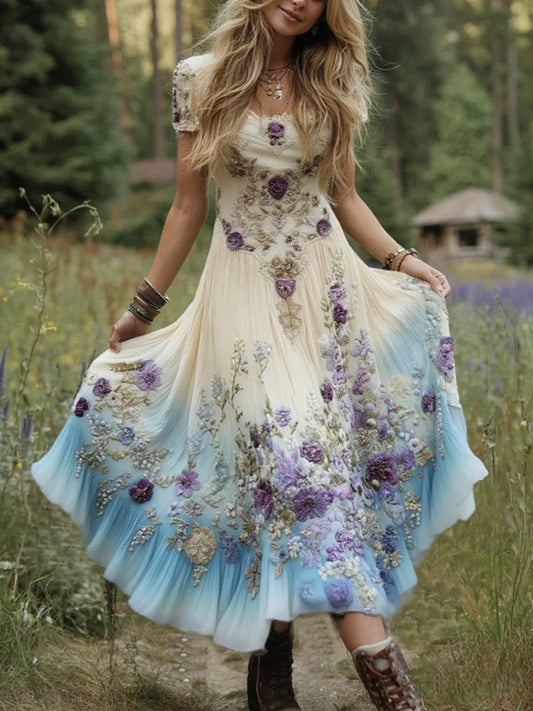 Cardydony Classy Gradient Purple Lavender And Floral Embroidered Linen Maxi Dress