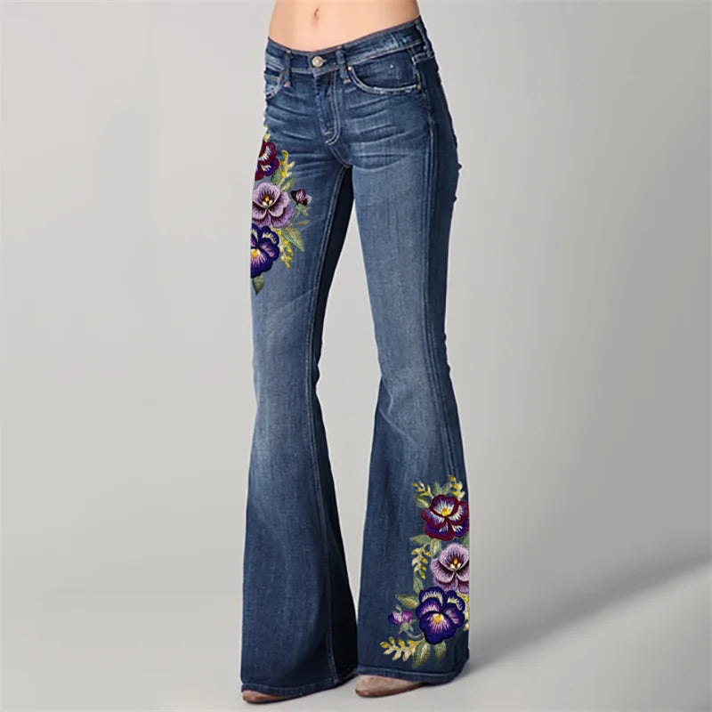 Cardydony Classy Pansy Floral Embroidered Washed Bell Bottom Jeans