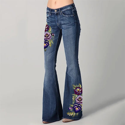 Cardydony Classy Pansy Floral Embroidered Washed Bell Bottom Jeans