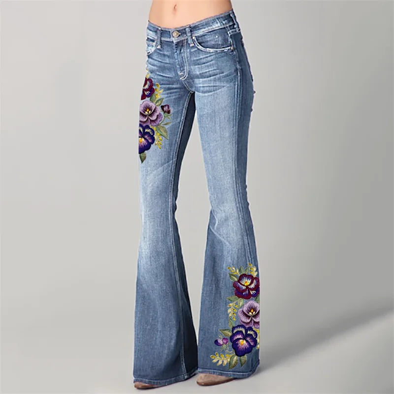 Cardydony Classy Pansy Floral Embroidered Washed Bell Bottom Jeans