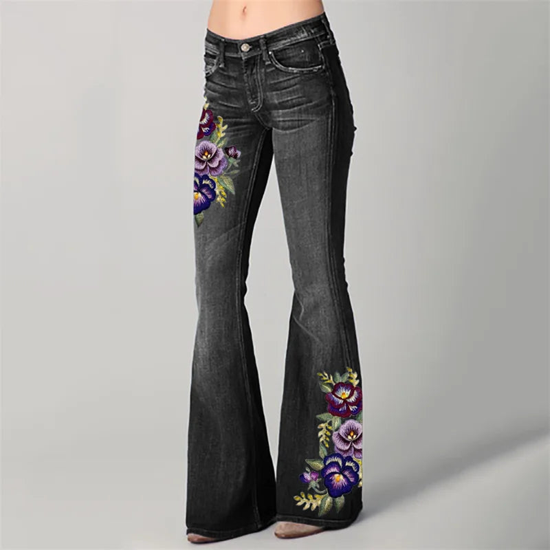 Cardydony Classy Pansy Floral Embroidered Washed Bell Bottom Jeans