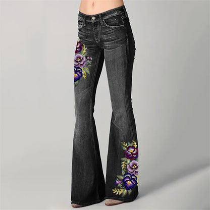 Cardydony Classy Pansy Floral Embroidered Washed Bell Bottom Jeans