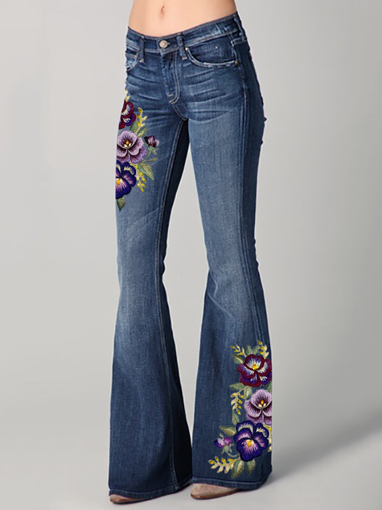 Cardydony Classy Pansy Floral Embroidered Washed Bell Bottom Jeans