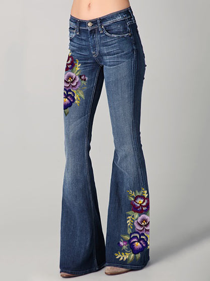 Cardydony Classy Pansy Floral Embroidered Washed Bell Bottom Jeans