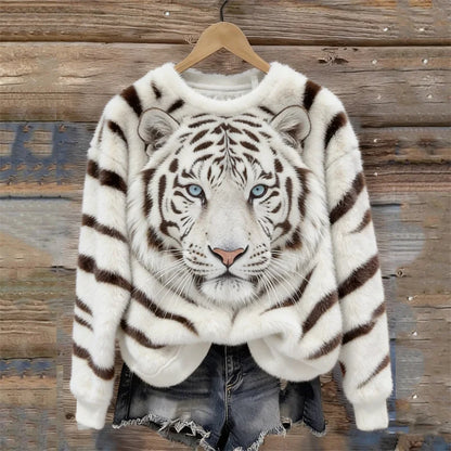Cardydony Classy White Tiger & Pattern Cozy Plush Sweatshirt