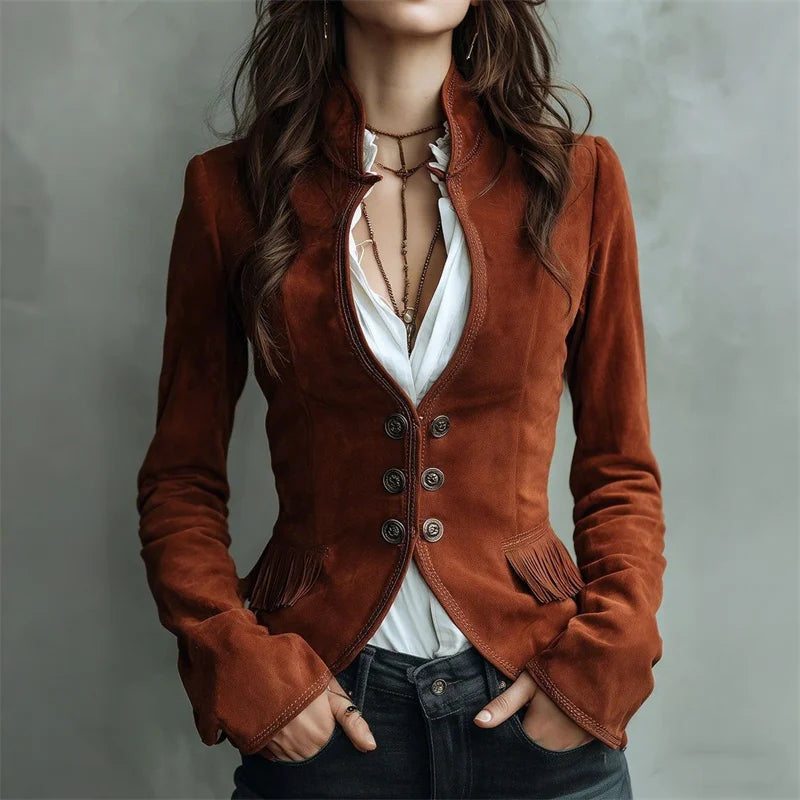 Cardydony Vintage Western Tassels Flap Slim Fit Jacket