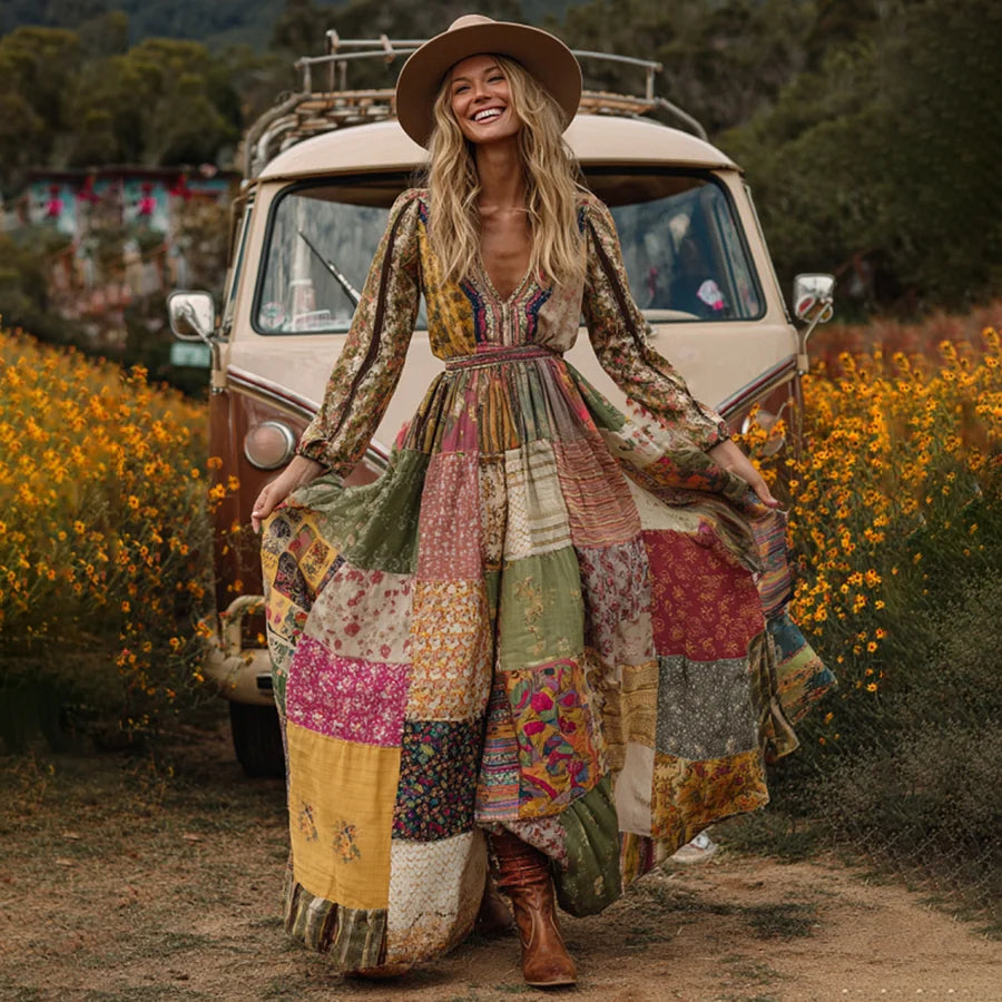 Cardydony Countryside Style Collection Classy Patchwork Floral Pattern Art Linen Long Sleeve Maxi Dress