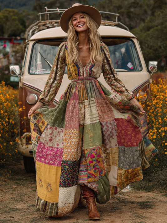 Cardydony Countryside Style Collection Classy Patchwork Floral Pattern Art Linen Long Sleeve Maxi Dress