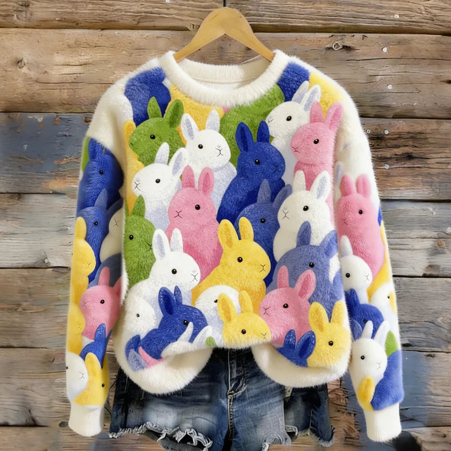 Cardydony Cute And Colorful Rabbit Pattern Winter Plush Crew Neck Sweatshirt For Women